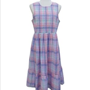 J.Crew Women's Smocked Tiered Cotton Plaid Dress in Pastels Multi size Large